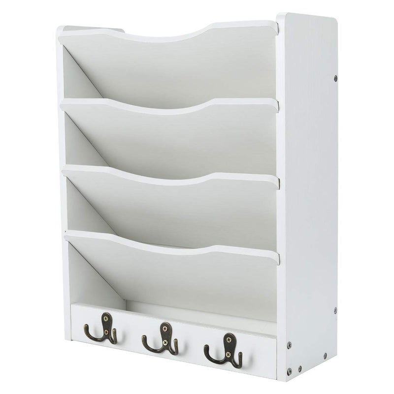 PAG 5-Tier Wall File Holder Hanging Mail Organizer Wood Magazine Literature Rack with 6 Hooks, White - Image 1